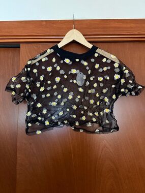 Sheer Black Daisy Mesh Crop Tee